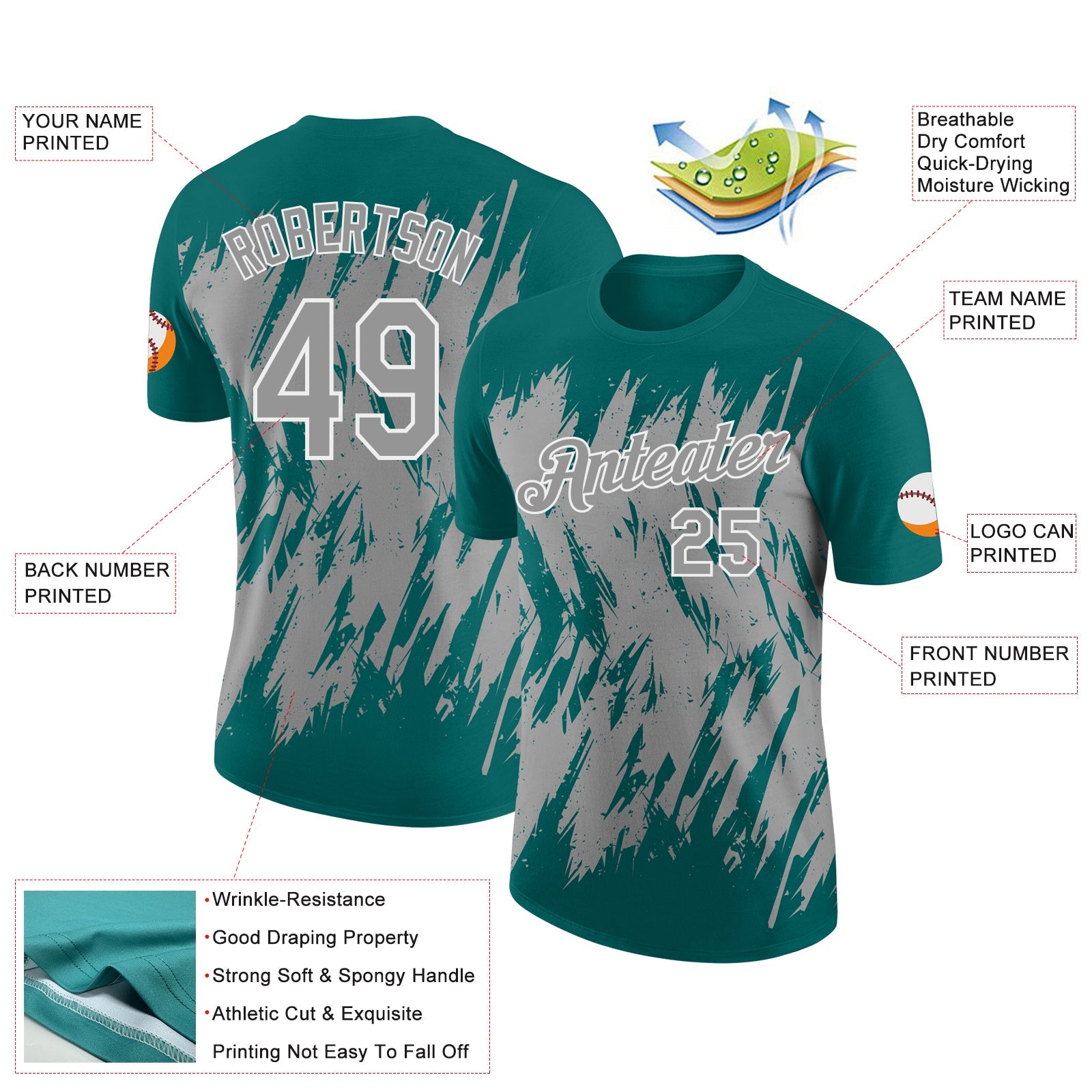 Custom Teal Gray-White Torn Sharp Brush Stroke Splatter Performance T-Shirt view 2