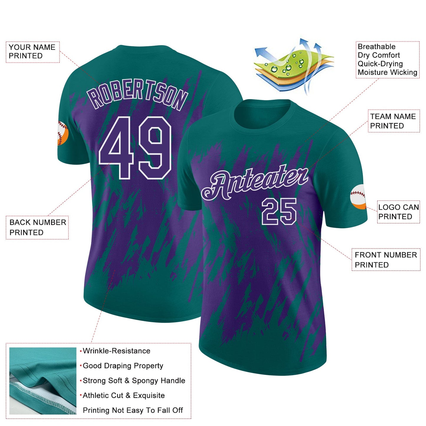 Custom Teal Purple-White Torn Sharp Brush Stroke Splatter Performance T-Shirt view 2