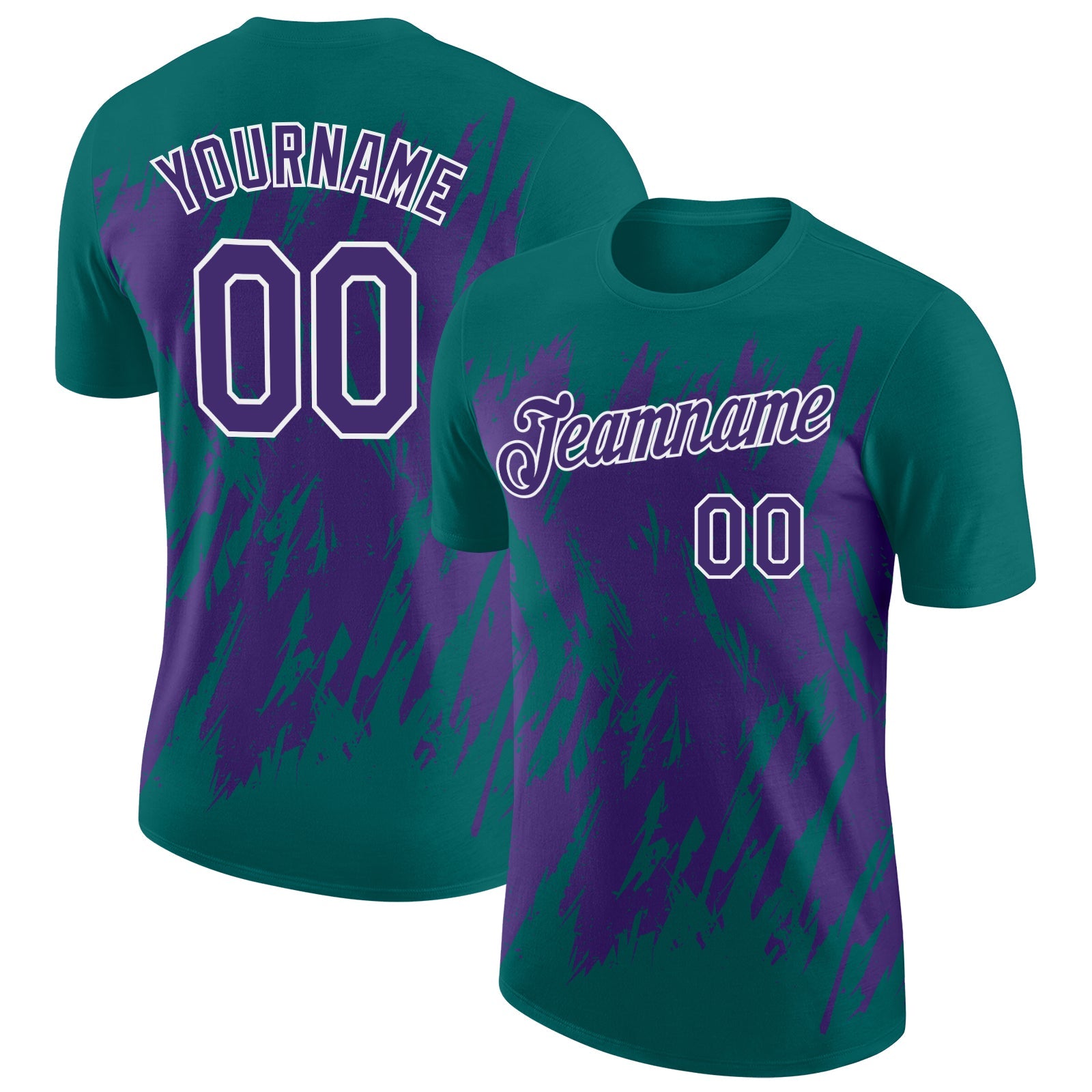 Custom Teal Purple-White Torn Sharp Brush Stroke Splatter Performance T-Shirt - Main View