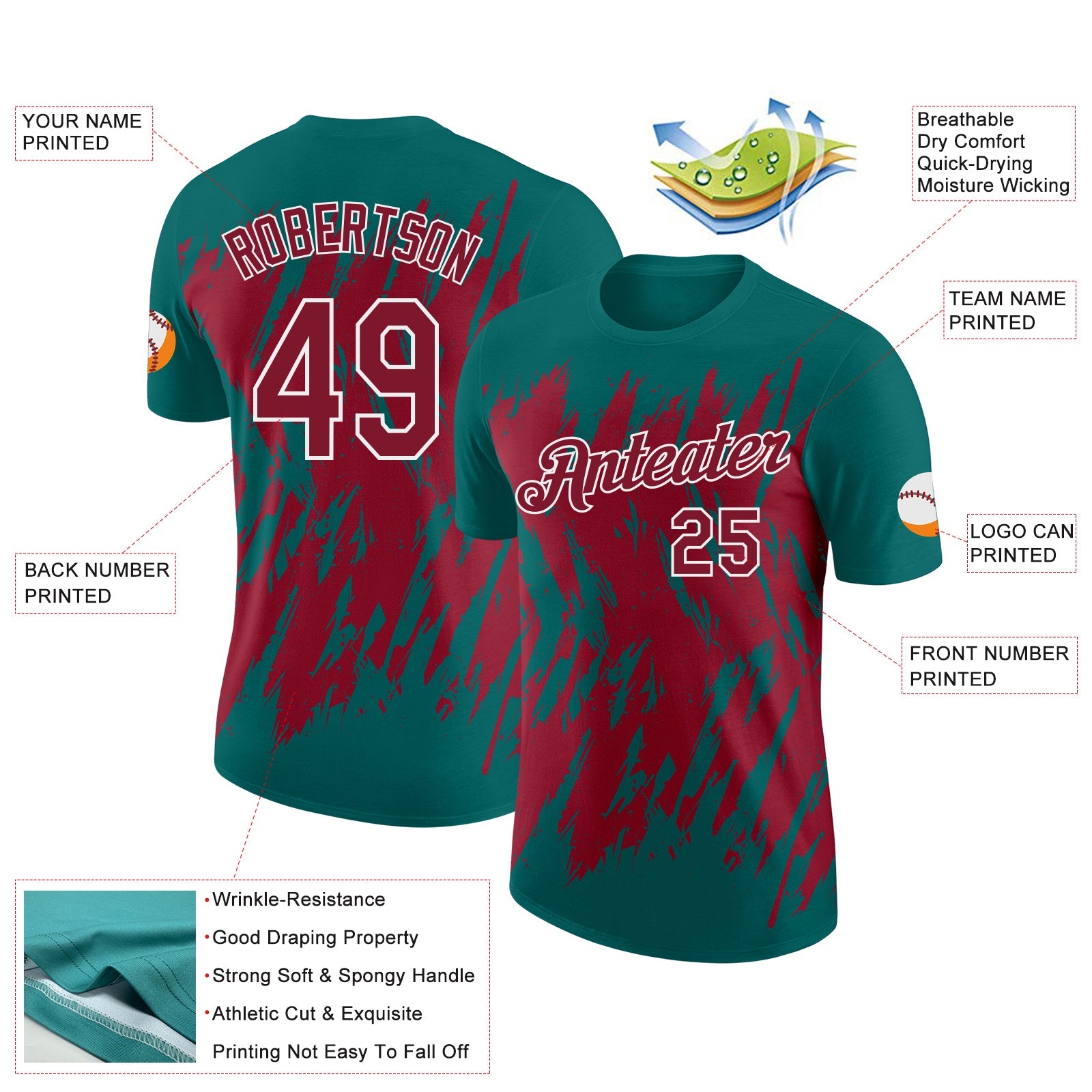 Custom Teal Crimson-White Torn Sharp Brush Stroke Splatter Performance T-Shirt view 2