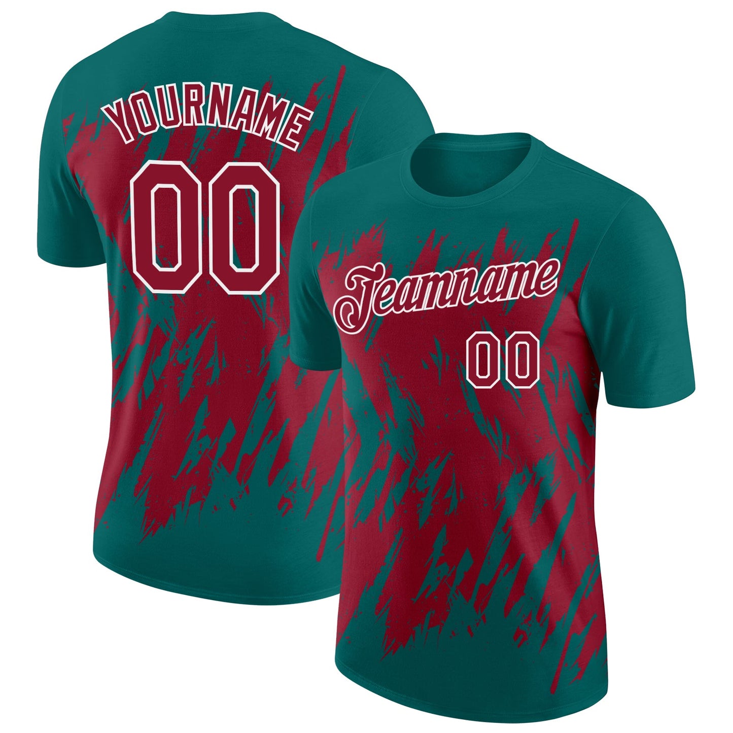 Custom Teal Crimson-White Torn Sharp Brush Stroke Splatter Performance T-Shirt - Main View