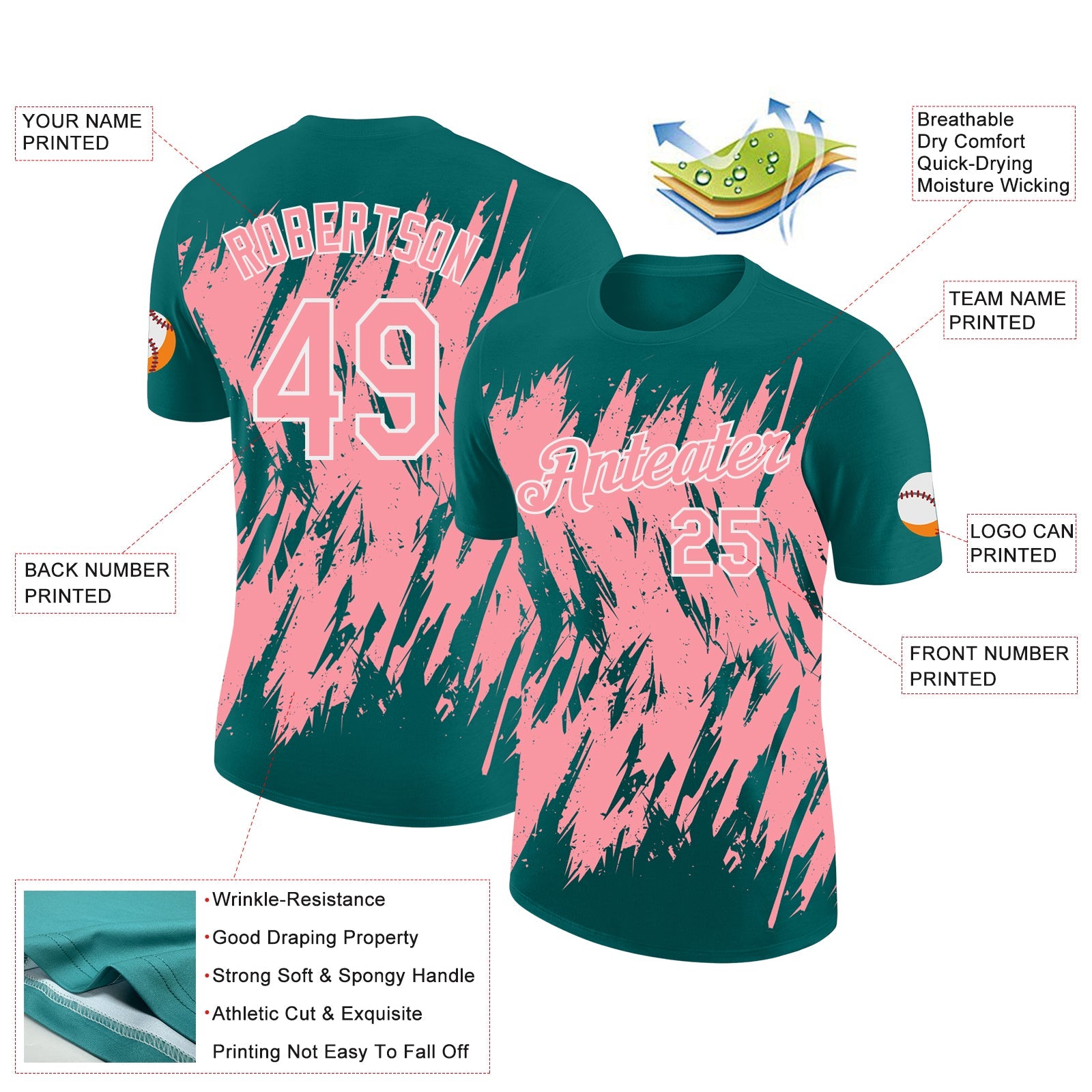 Custom Teal Medium Pink-White Torn Sharp Brush Stroke Splatter Performance T-Shirt view 2