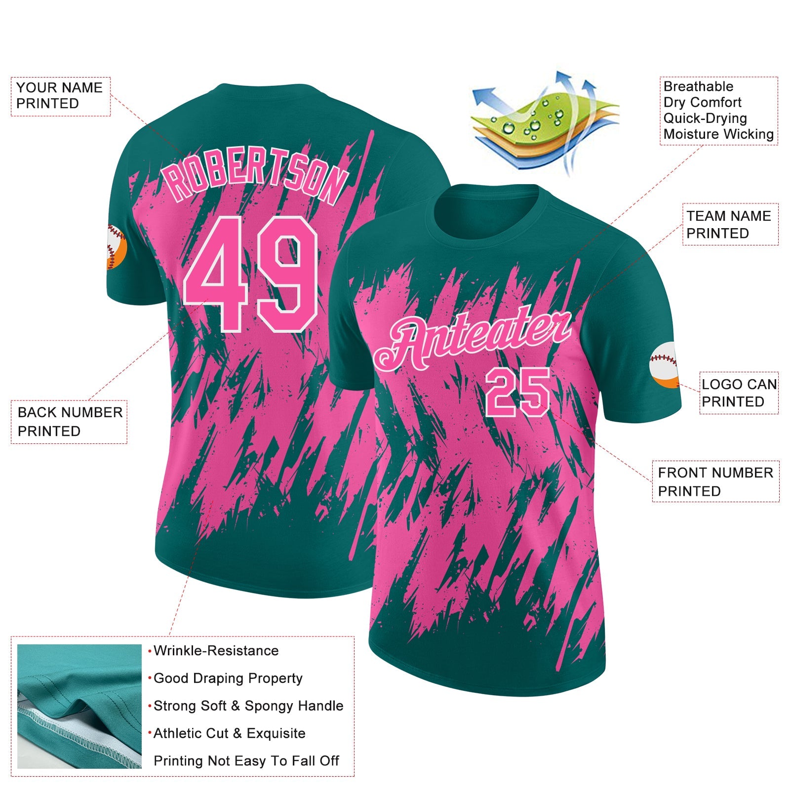 Custom Teal Pink-White Torn Sharp Brush Stroke Splatter Performance T-Shirt view 2