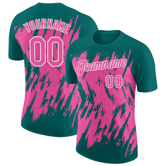 Custom Teal Pink-White Torn Sharp Brush Stroke Splatter Performance T-Shirt - Main View