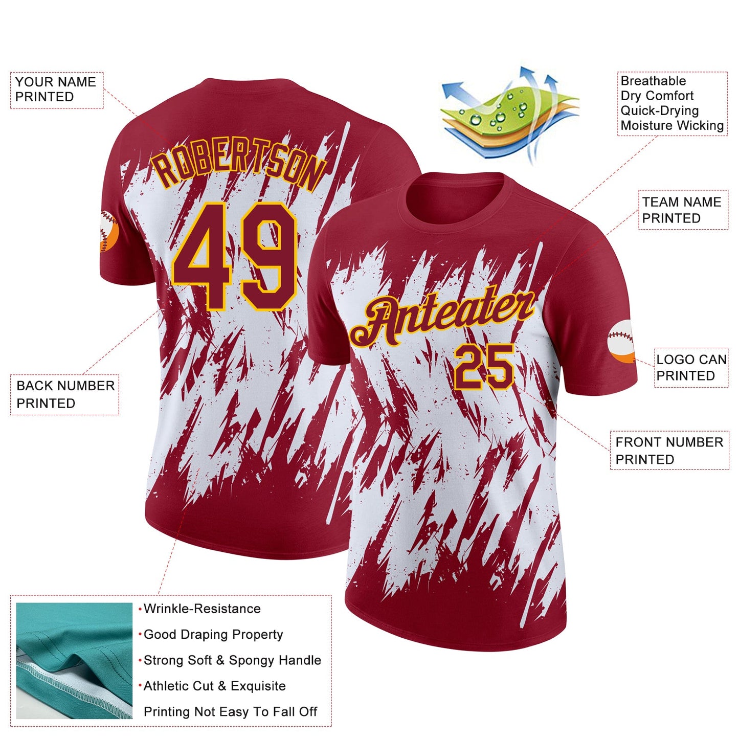 Custom Crimson White-Yellow Torn Sharp Brush Stroke Splatter Performance T-Shirt view 2