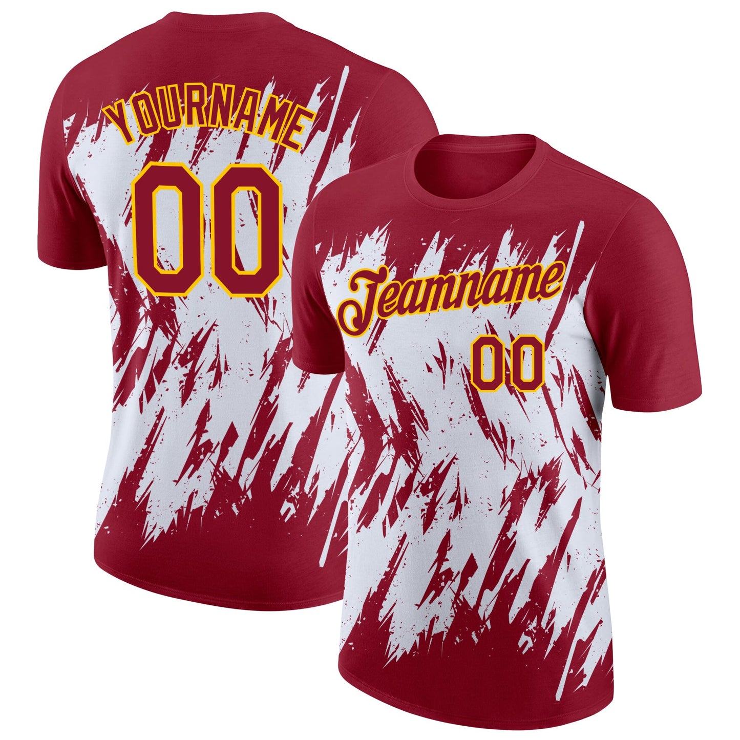 Custom Crimson White-Yellow Torn Sharp Brush Stroke Splatter Performance T-Shirt - Main View