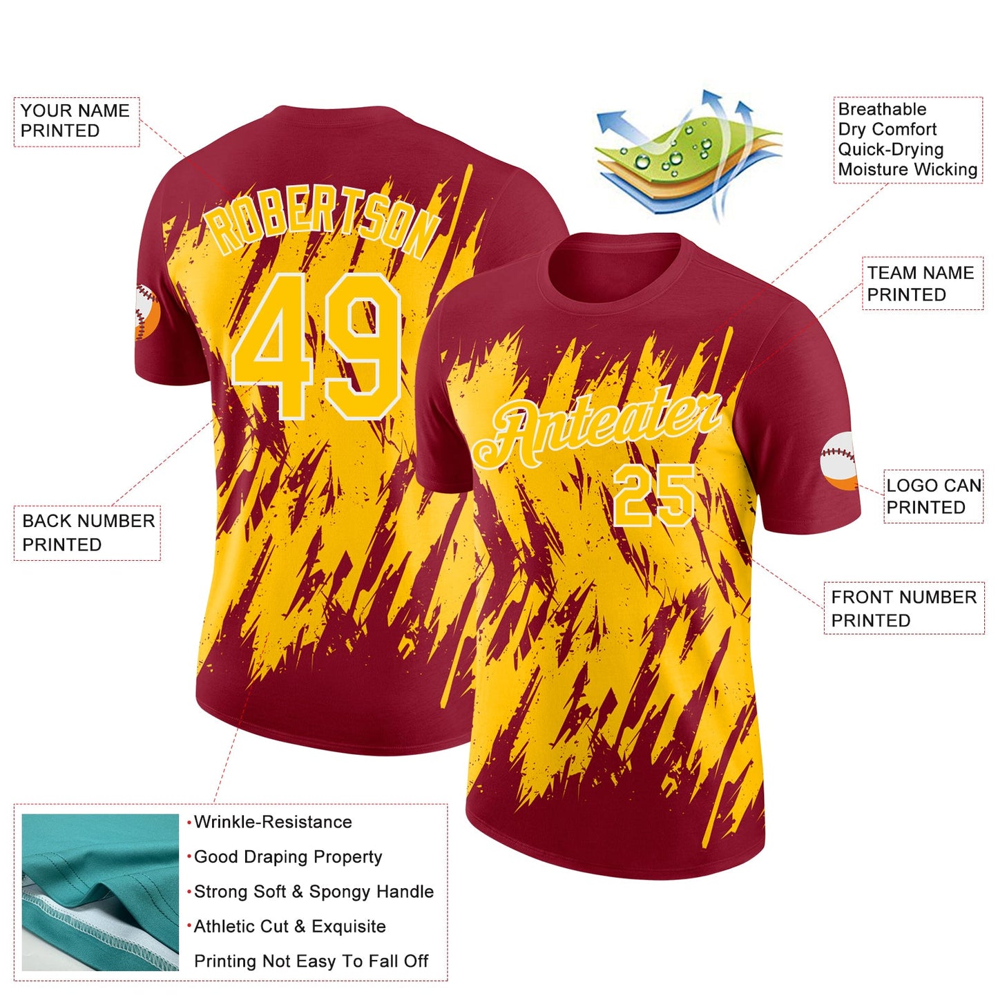 Custom Crimson Yellow-White Torn Sharp Brush Stroke Splatter Performance T-Shirt view 2