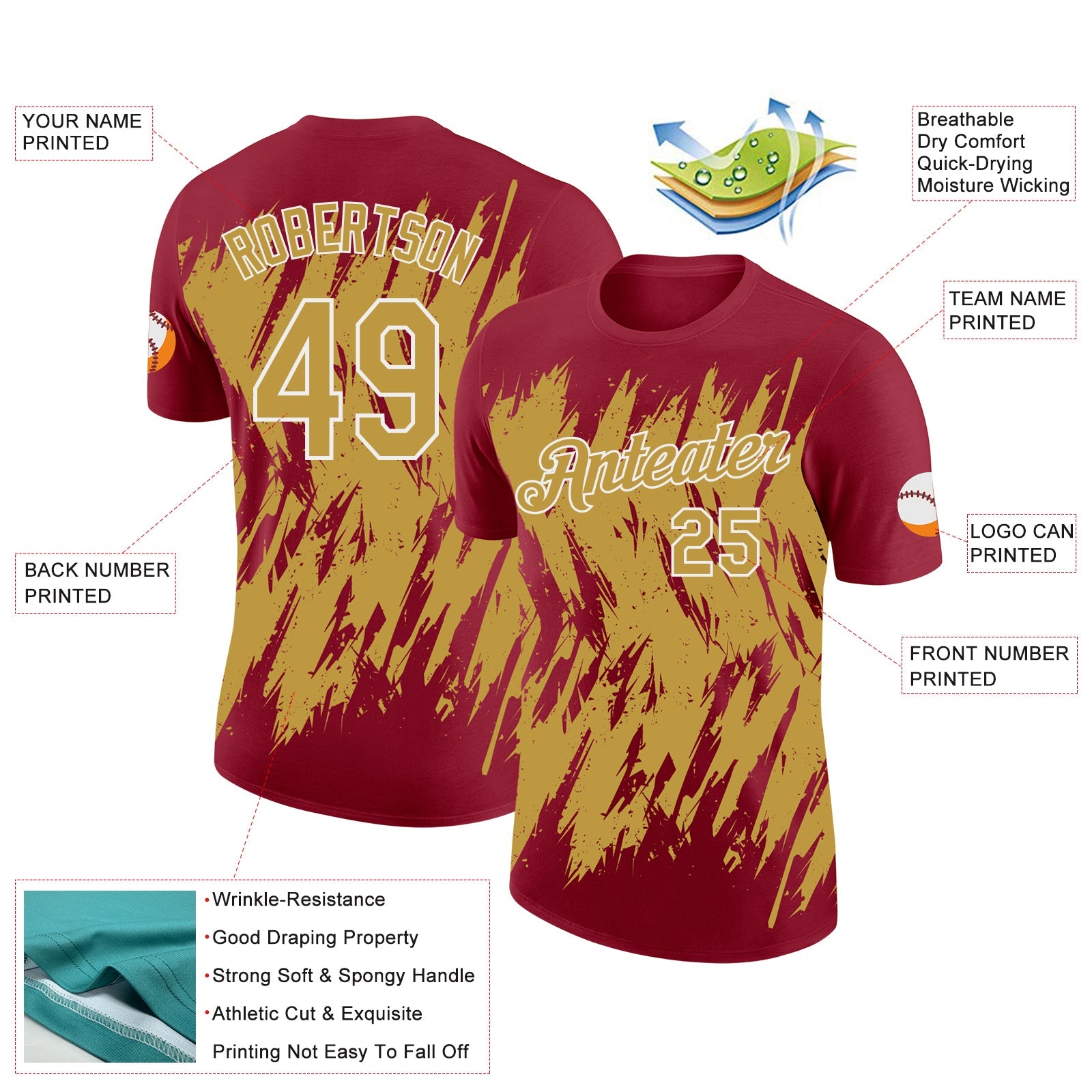 Custom Crimson Old Gold-White Torn Sharp Brush Stroke Splatter Performance T-Shirt view 2