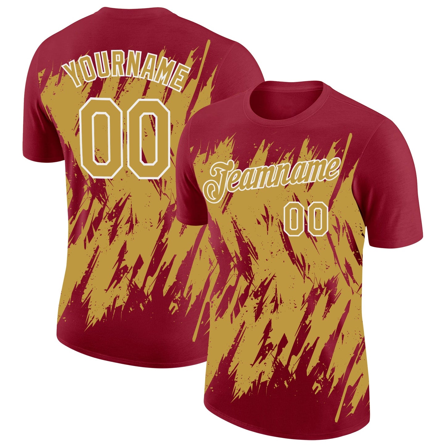 Custom Crimson Old Gold-White Torn Sharp Brush Stroke Splatter Performance T-Shirt - Main View