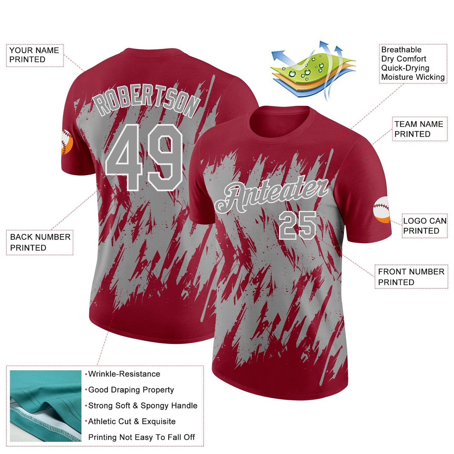 Custom Crimson Gray-White Torn Sharp Brush Stroke Splatter Performance T-Shirt view 2