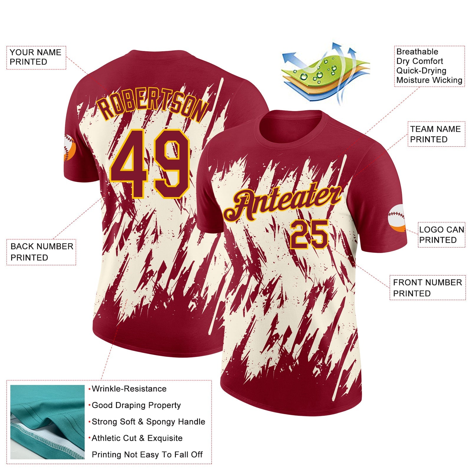 Custom Crimson Cream-Yellow Torn Sharp Brush Stroke Splatter Performance T-Shirt view 2
