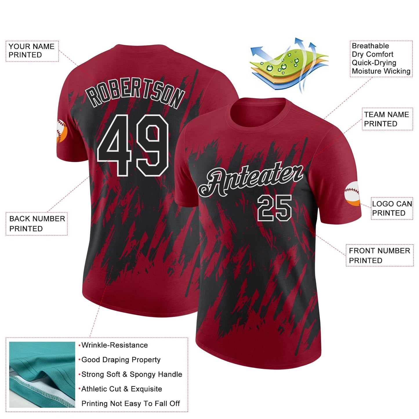 Custom Crimson Black-White Torn Sharp Brush Stroke Splatter Performance T-Shirt view 2