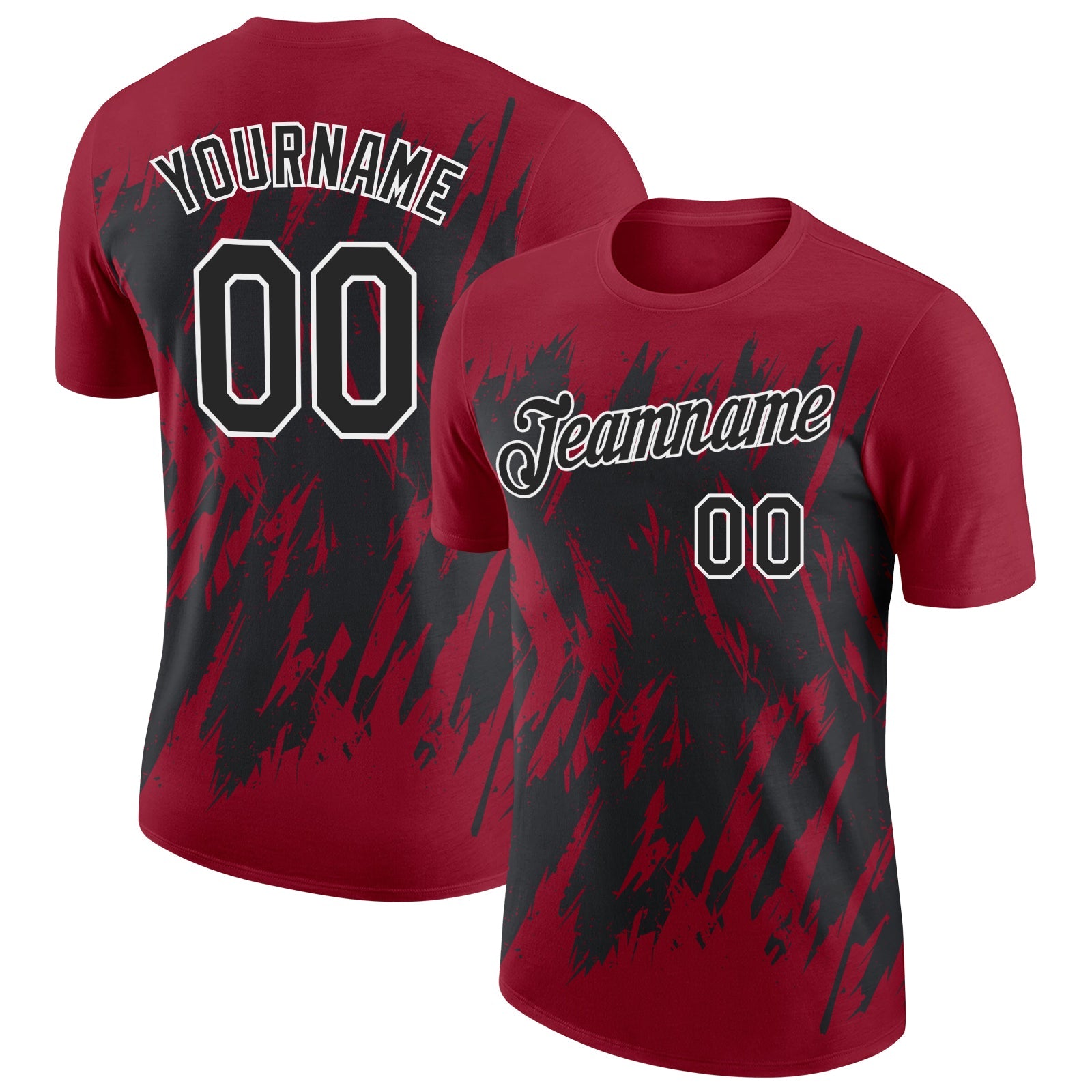 Custom Crimson Black-White Torn Sharp Brush Stroke Splatter Performance T-Shirt - Main View
