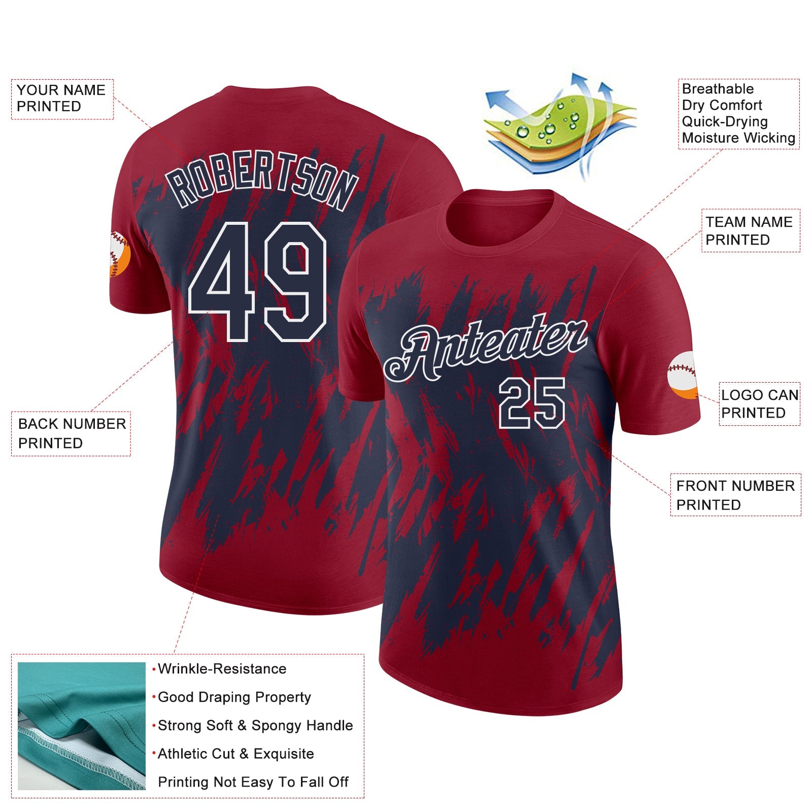Custom Crimson Navy-White Torn Sharp Brush Stroke Splatter Performance T-Shirt view 2