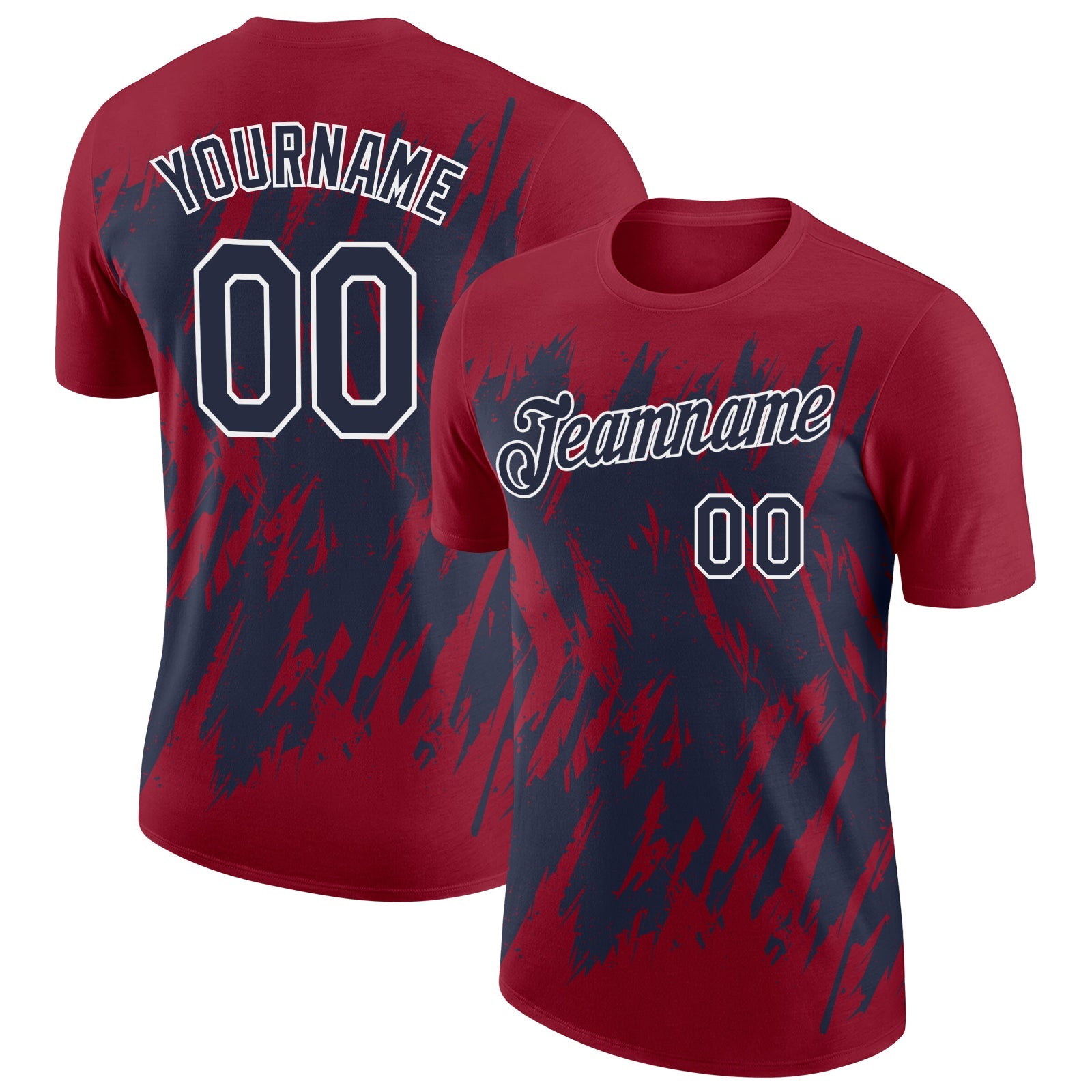 Custom Crimson Navy-White Torn Sharp Brush Stroke Splatter Performance T-Shirt - Main View