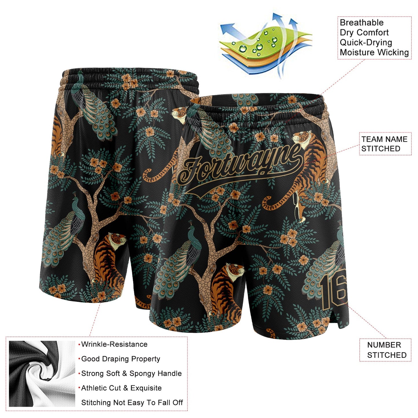 Custom Black Old Gold 3D Pattern 3D Pattern Design Tiger And Peacock Authentic Basketball Shorts view 2