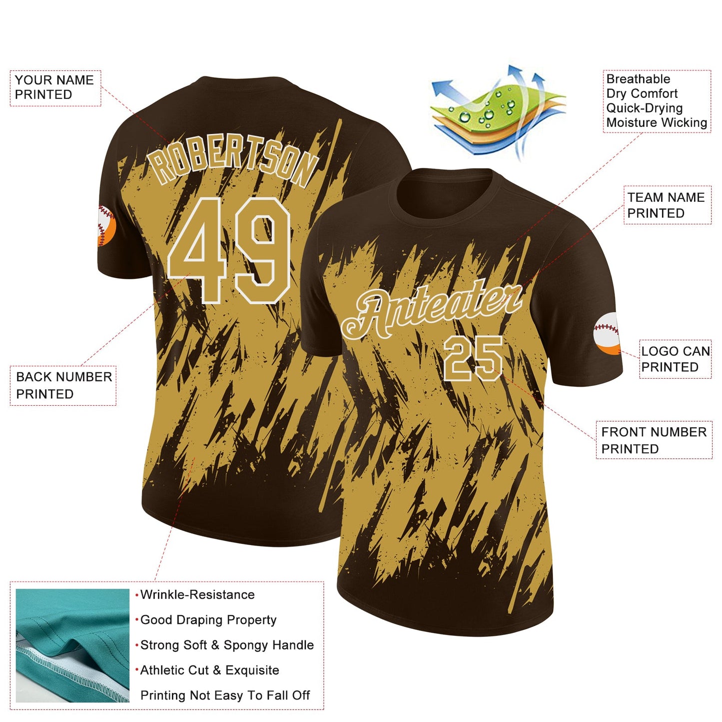 Custom Brown Old Gold-White Torn Sharp Brush Stroke Splatter Performance T-Shirt view 2
