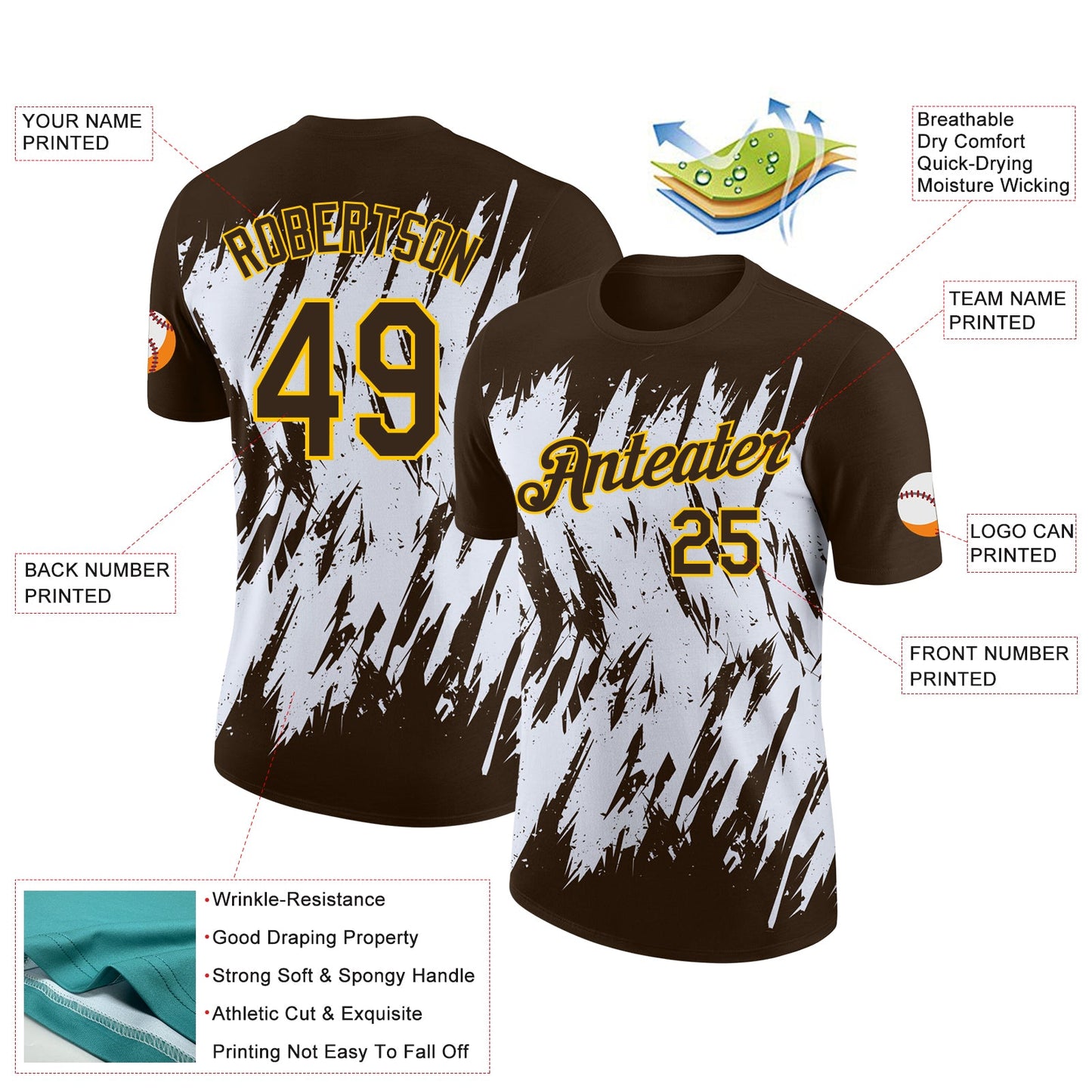 Custom Brown White-Yellow Torn Sharp Brush Stroke Splatter Performance T-Shirt view 2