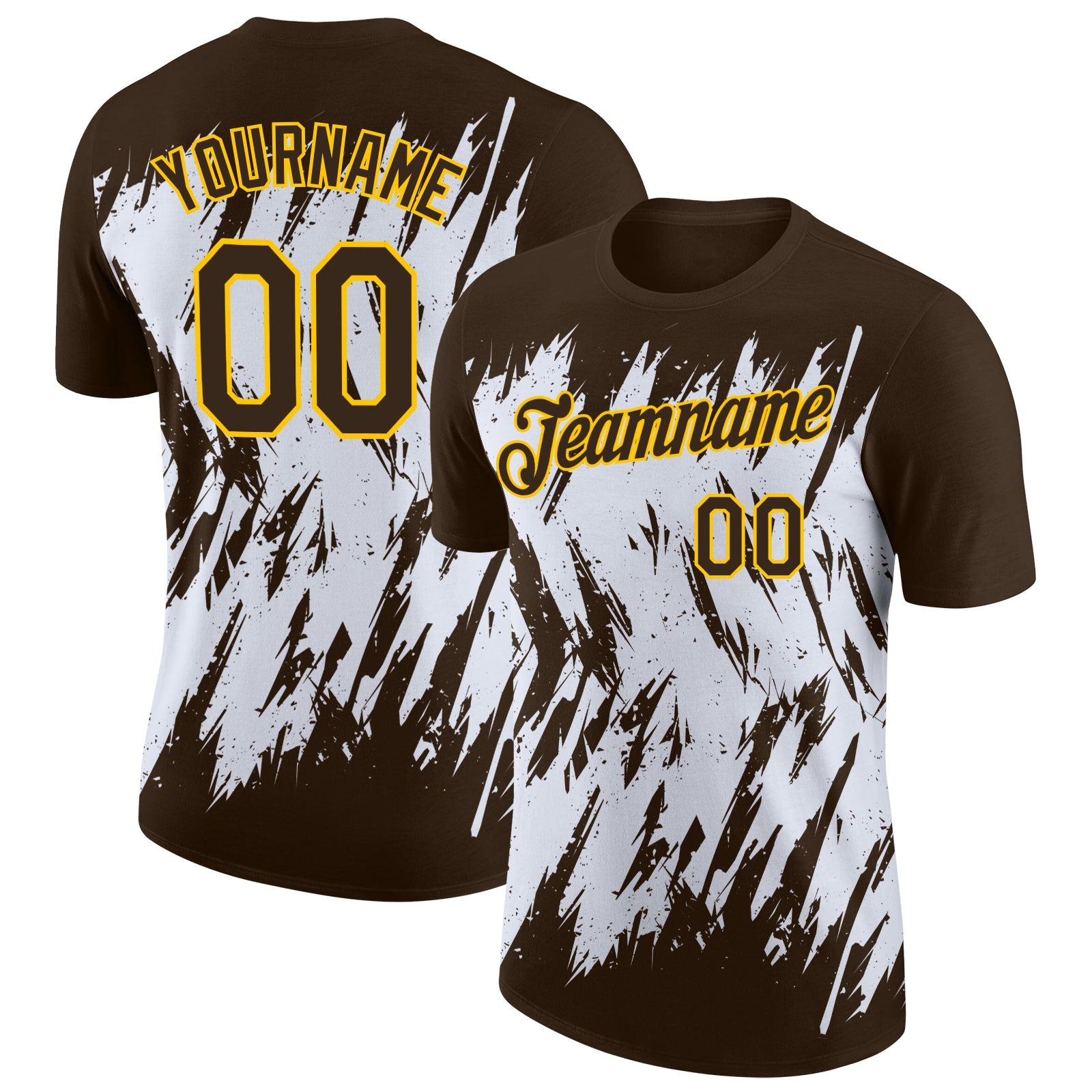 Custom Brown White-Yellow Torn Sharp Brush Stroke Splatter Performance T-Shirt - Main View