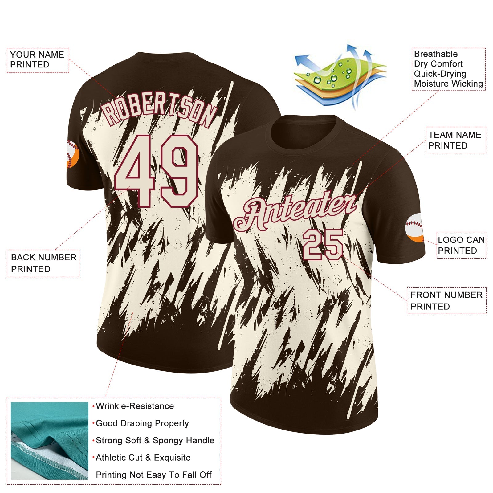 Custom Brown Cream-Crimson Torn Sharp Brush Stroke Splatter Performance T-Shirt view 2