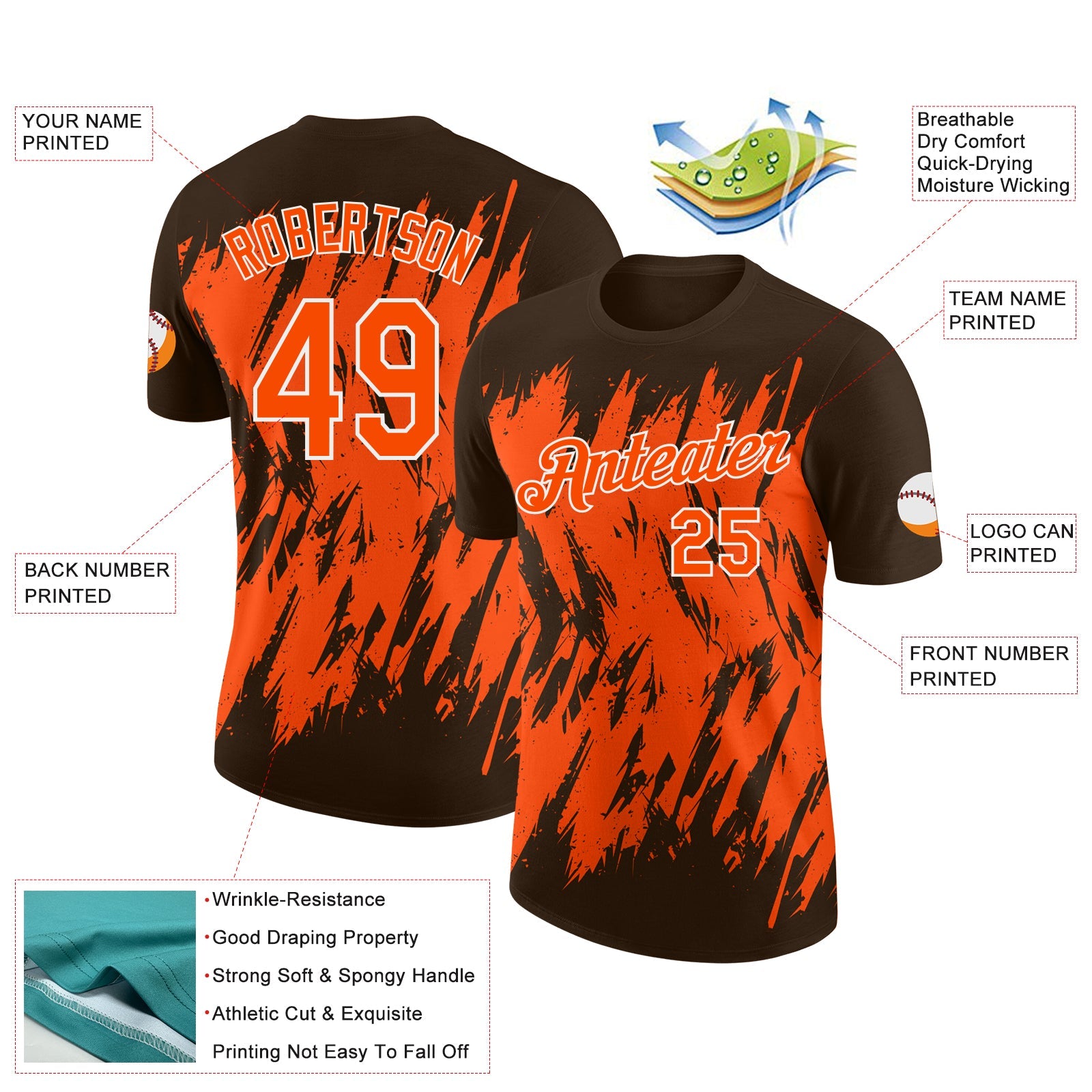 Custom Brown Orange-White Torn Sharp Brush Stroke Splatter Performance T-Shirt view 2