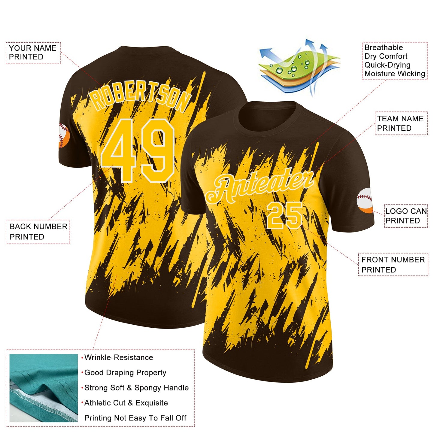 Custom Brown Yellow-White Torn Sharp Brush Stroke Splatter Performance T-Shirt view 2