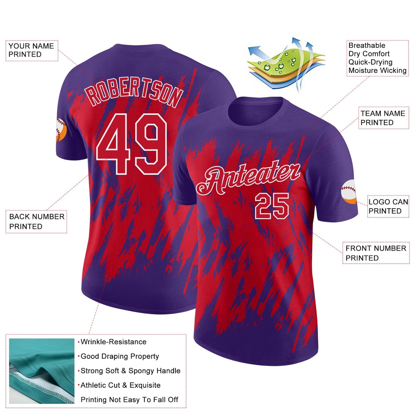 Custom Purple Red-White Torn Sharp Brush Stroke Splatter Performance T-Shirt view 2