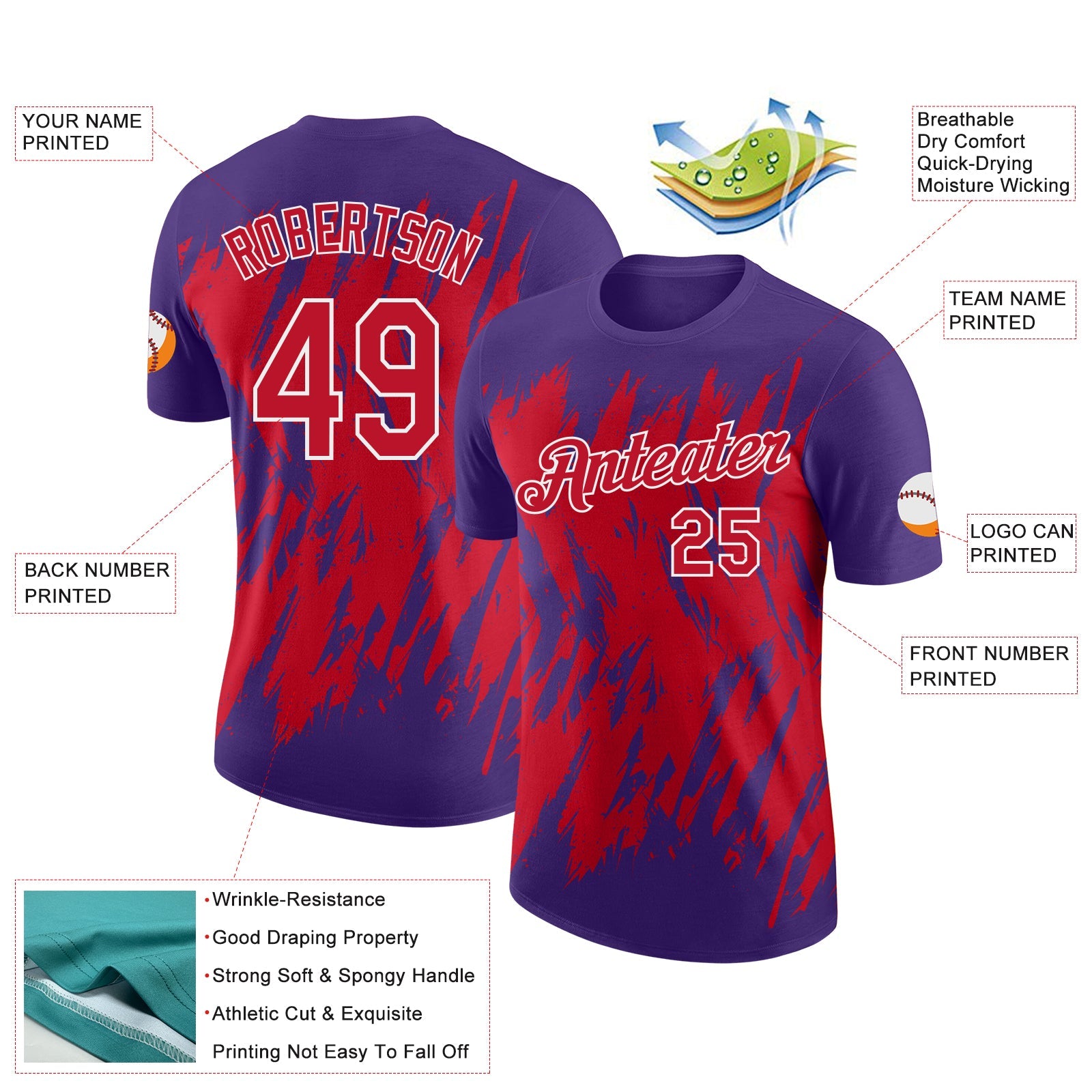 Custom Purple Red-White Torn Sharp Brush Stroke Splatter Performance T-Shirt view 2