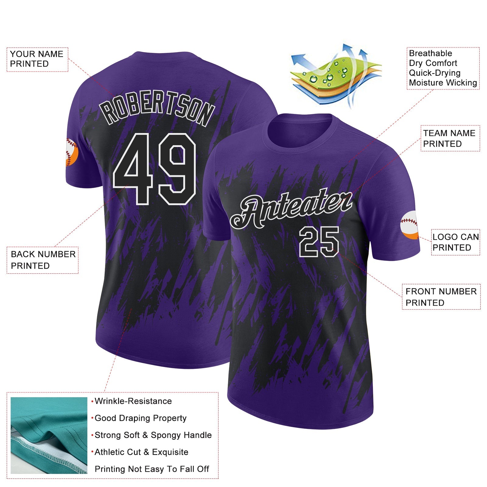 Custom Purple Black-White Torn Sharp Brush Stroke Splatter Performance T-Shirt view 2