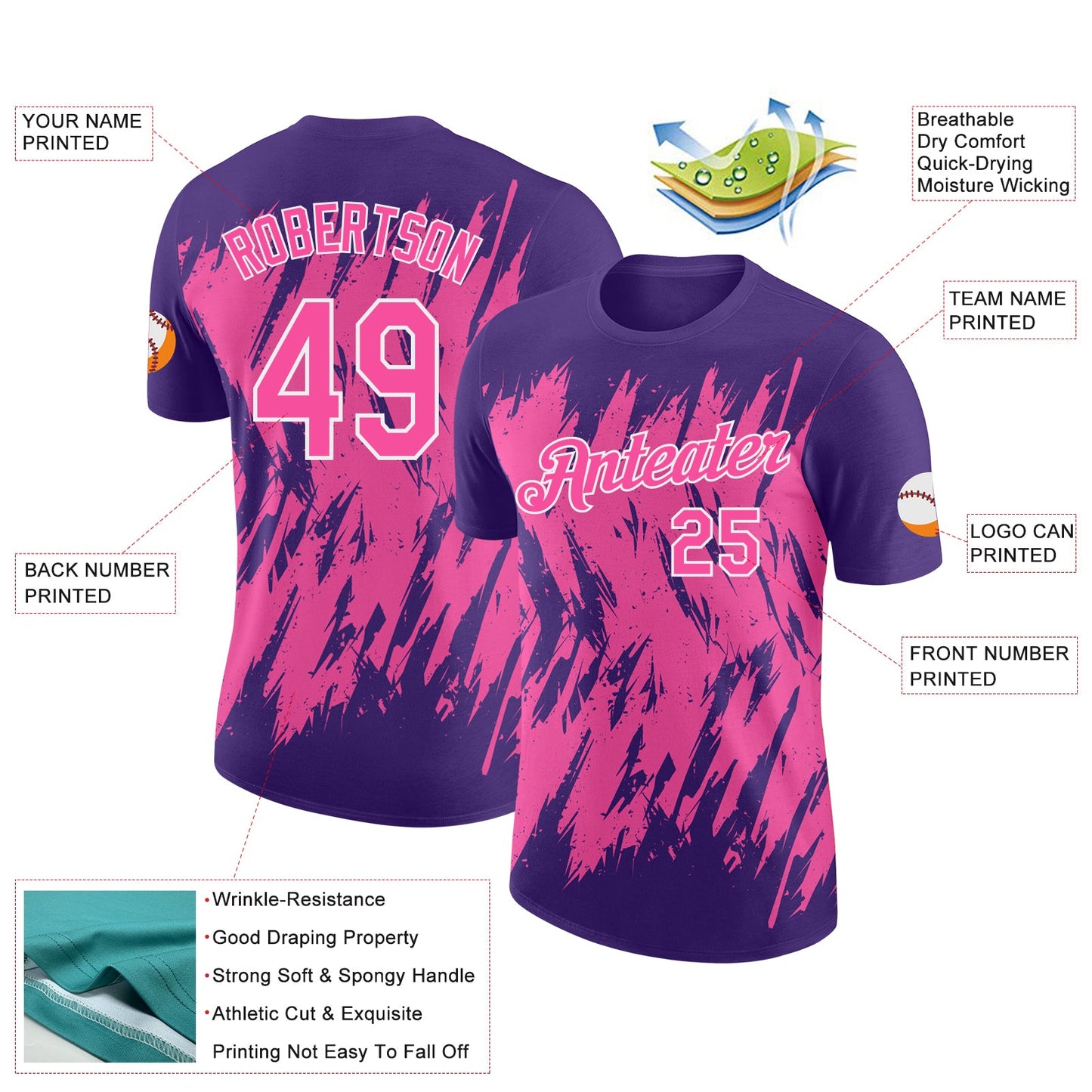 Custom Purple Pink-White Torn Sharp Brush Stroke Splatter Performance T-Shirt view 2