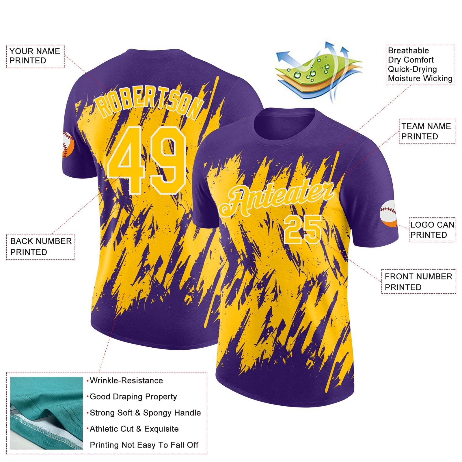 Custom Purple Yellow-White Torn Sharp Brush Stroke Splatter Performance T-Shirt view 2