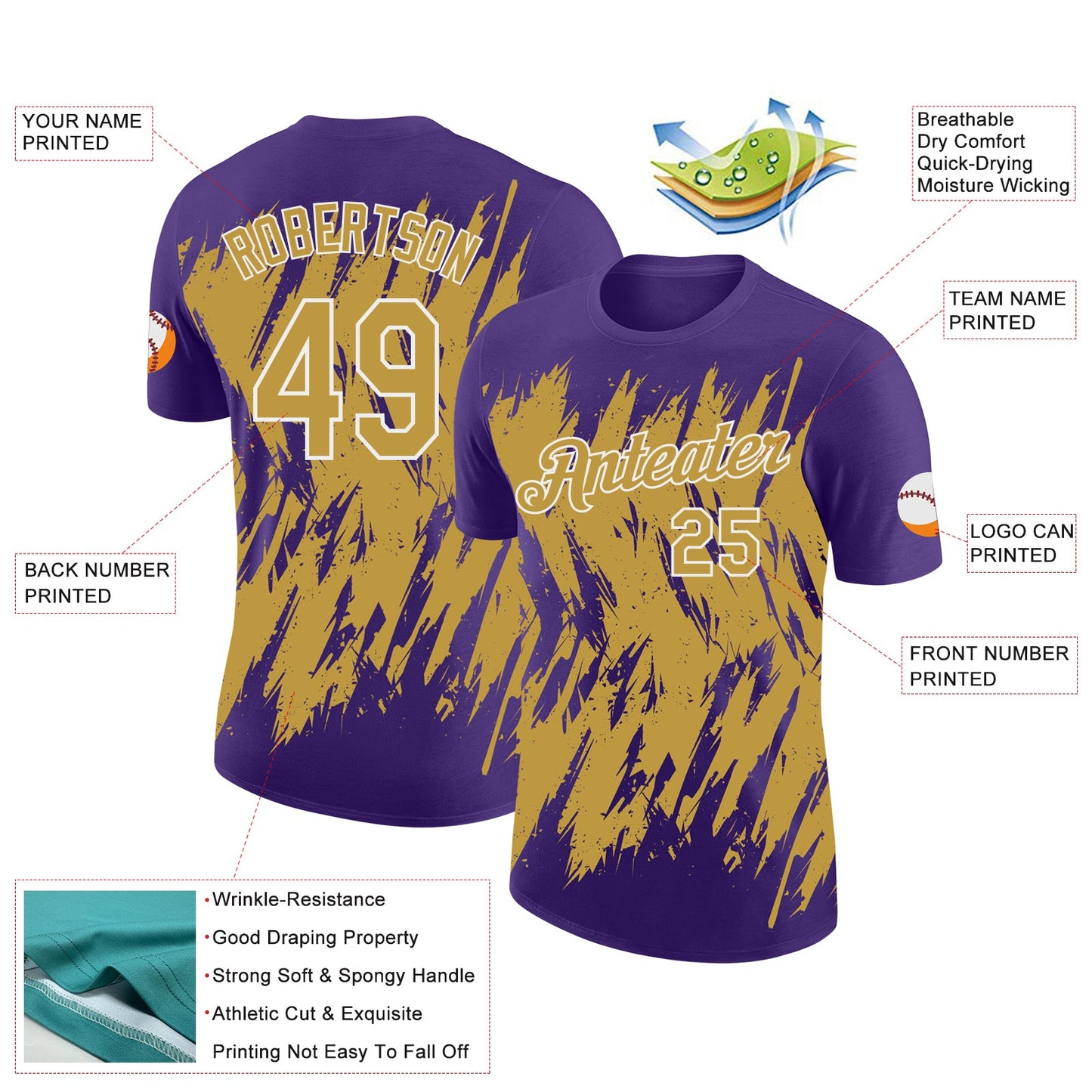 Custom Purple Old Gold-White Torn Sharp Brush Stroke Splatter Performance T-Shirt view 2