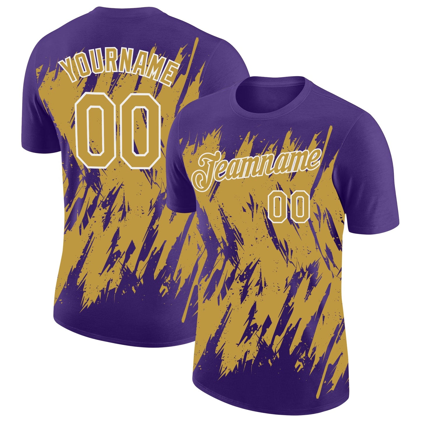 Custom Purple Old Gold-White Torn Sharp Brush Stroke Splatter Performance T-Shirt - Main View