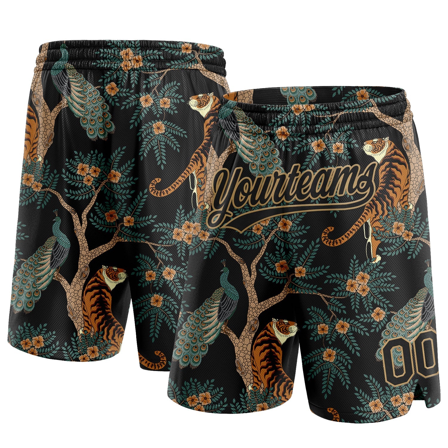 Custom Black Old Gold 3D Pattern 3D Pattern Design Tiger And Peacock Authentic Basketball Shorts - Main View