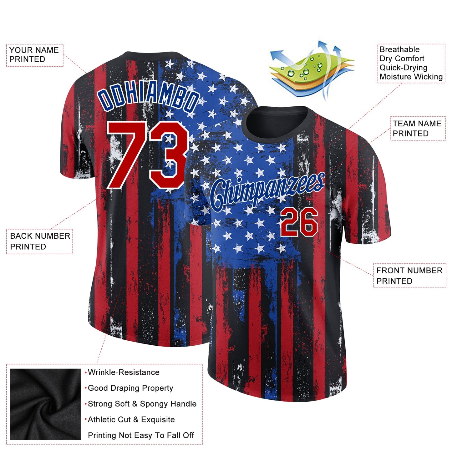 Custom Black Red-Royal 3D American Flag Fashion Performance T-Shirt view 2