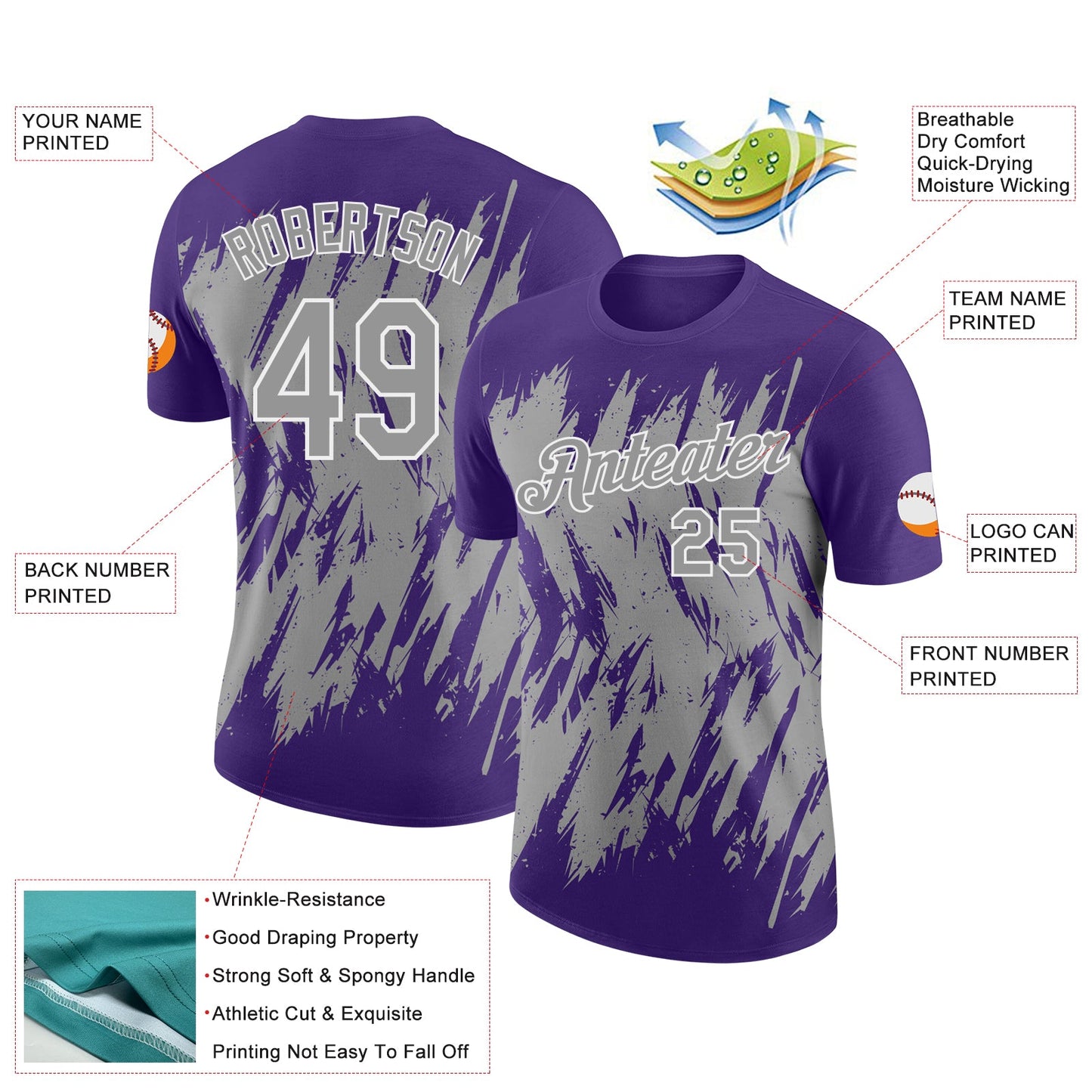 Custom Purple Gray-White Torn Sharp Brush Stroke Splatter Performance T-Shirt view 2