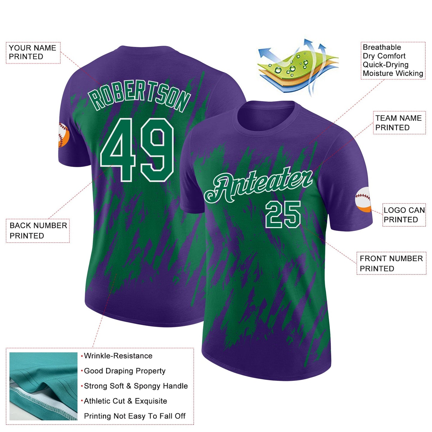 Custom Purple Kelly Green-White Torn Sharp Brush Stroke Splatter Performance T-Shirt view 2