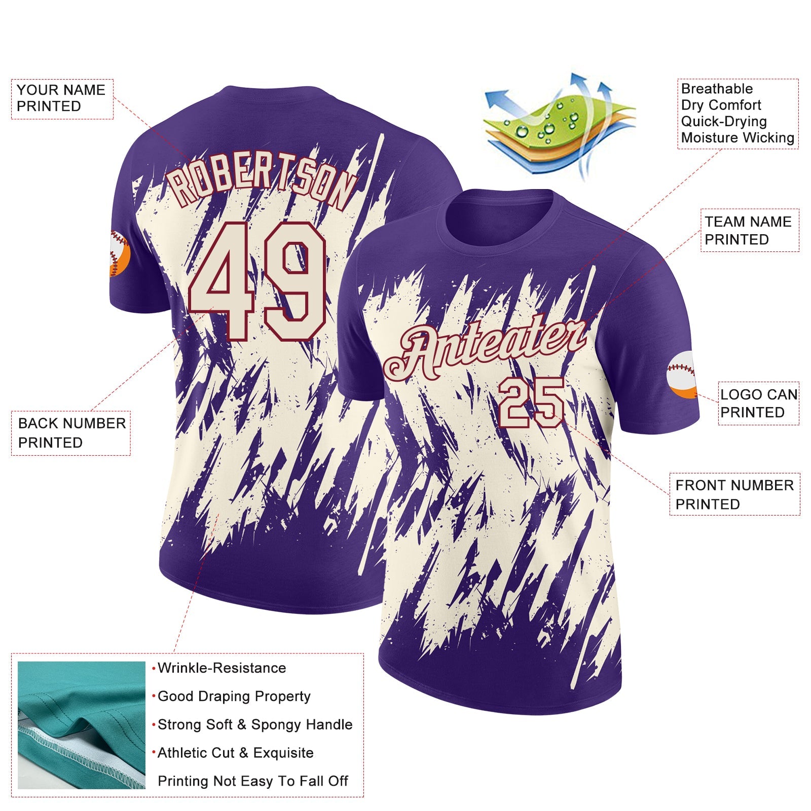 Custom Purple Cream-Crimson Torn Sharp Brush Stroke Splatter Performance T-Shirt view 2