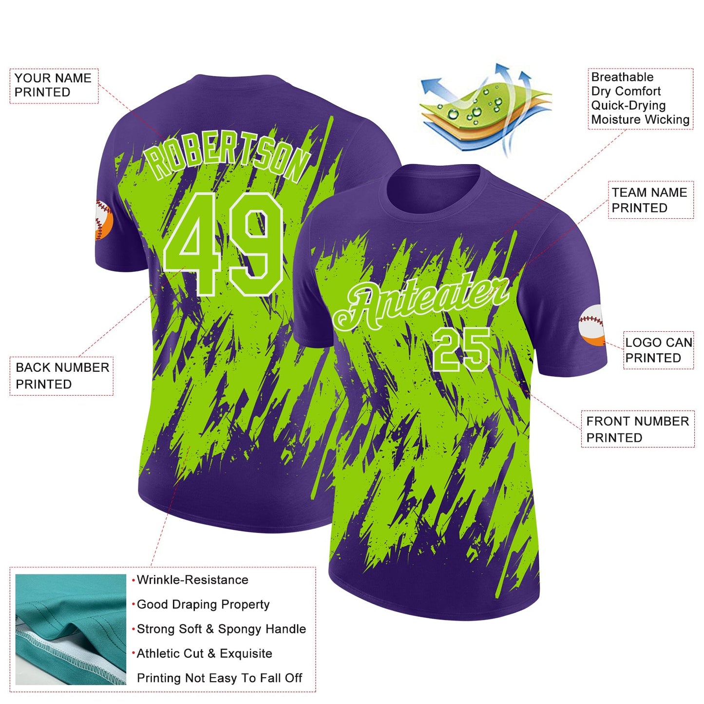Custom Purple Neon Green-White Torn Sharp Brush Stroke Splatter Performance T-Shirt view 2