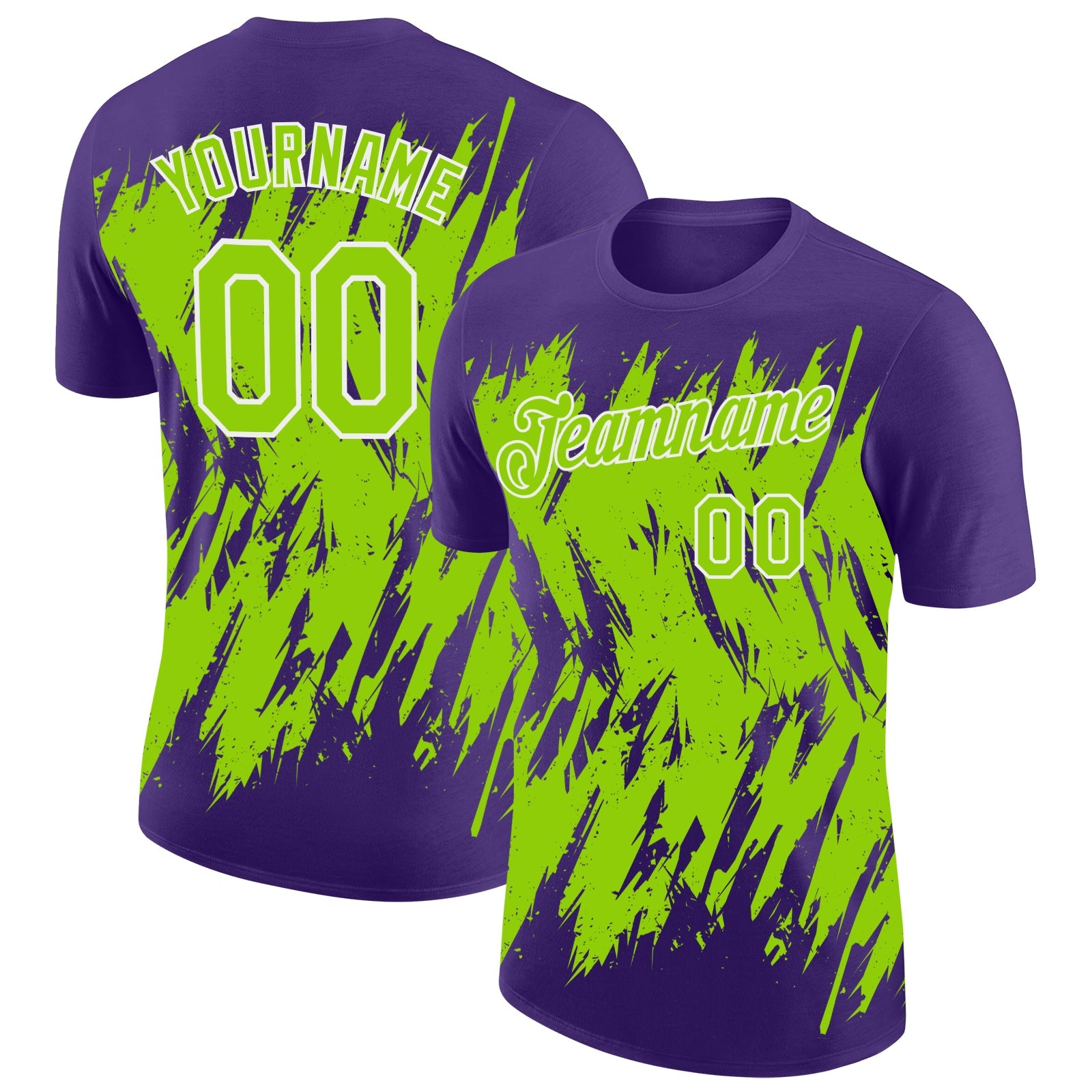 Custom Purple Neon Green-White Torn Sharp Brush Stroke Splatter Performance T-Shirt - Main View