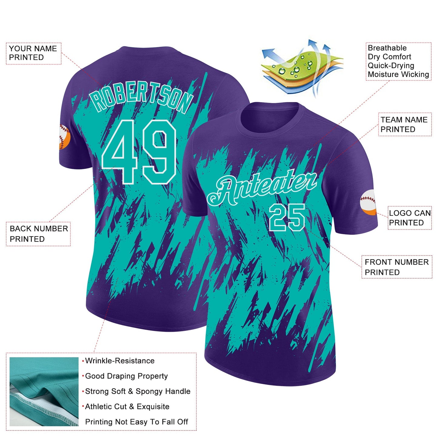 Custom Purple Aqua-White Torn Sharp Brush Stroke Splatter Performance T-Shirt view 2