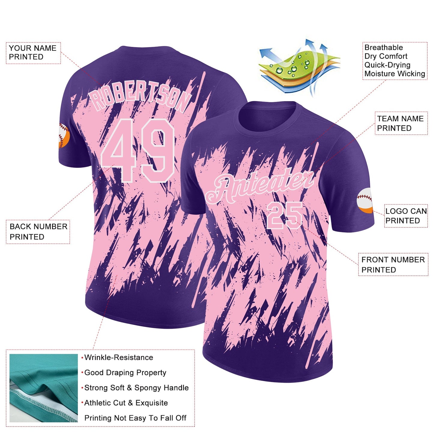 Custom Purple Light Pink-White Torn Sharp Brush Stroke Splatter Performance T-Shirt view 2