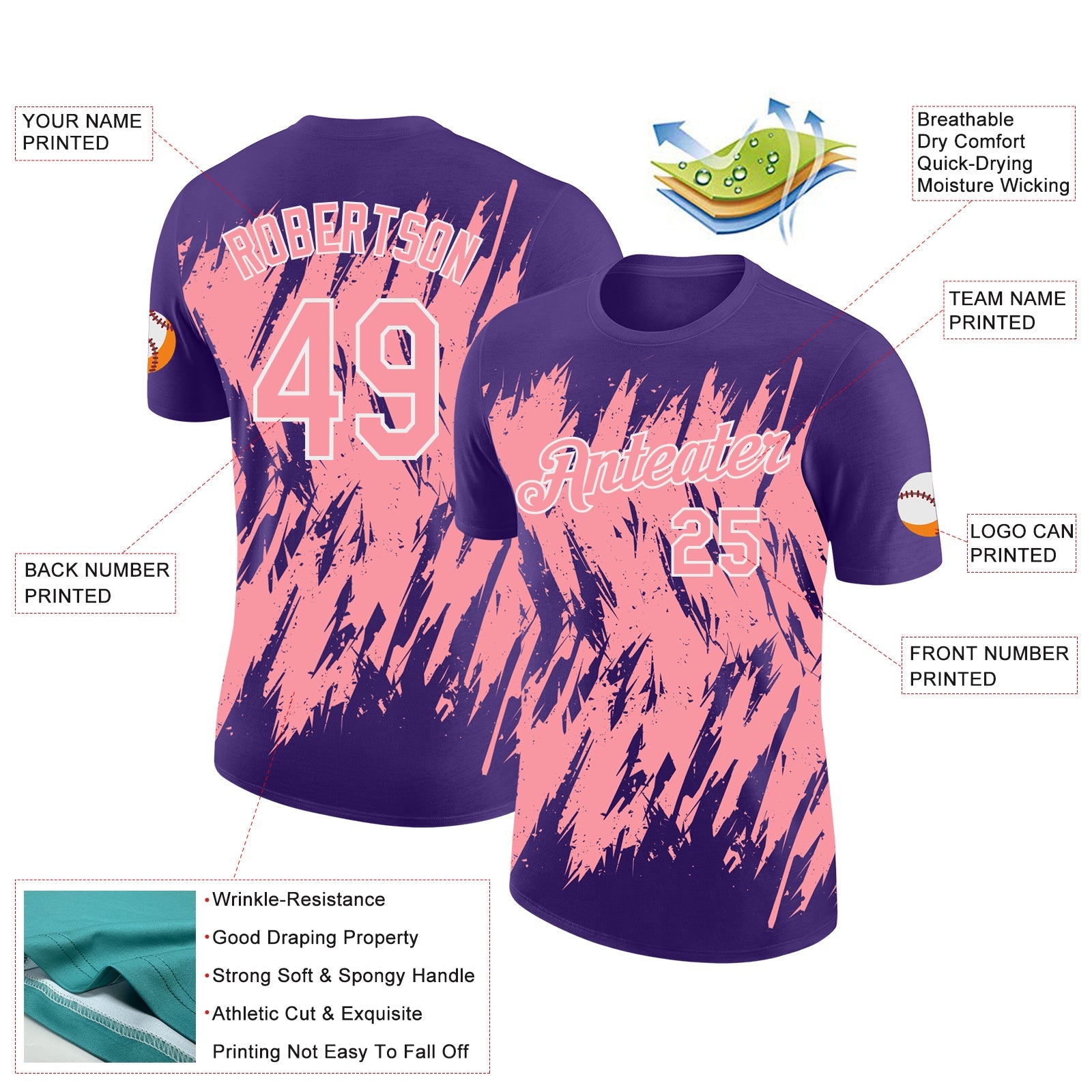 Custom Purple Medium Pink-White Torn Sharp Brush Stroke Splatter Performance T-Shirt view 2