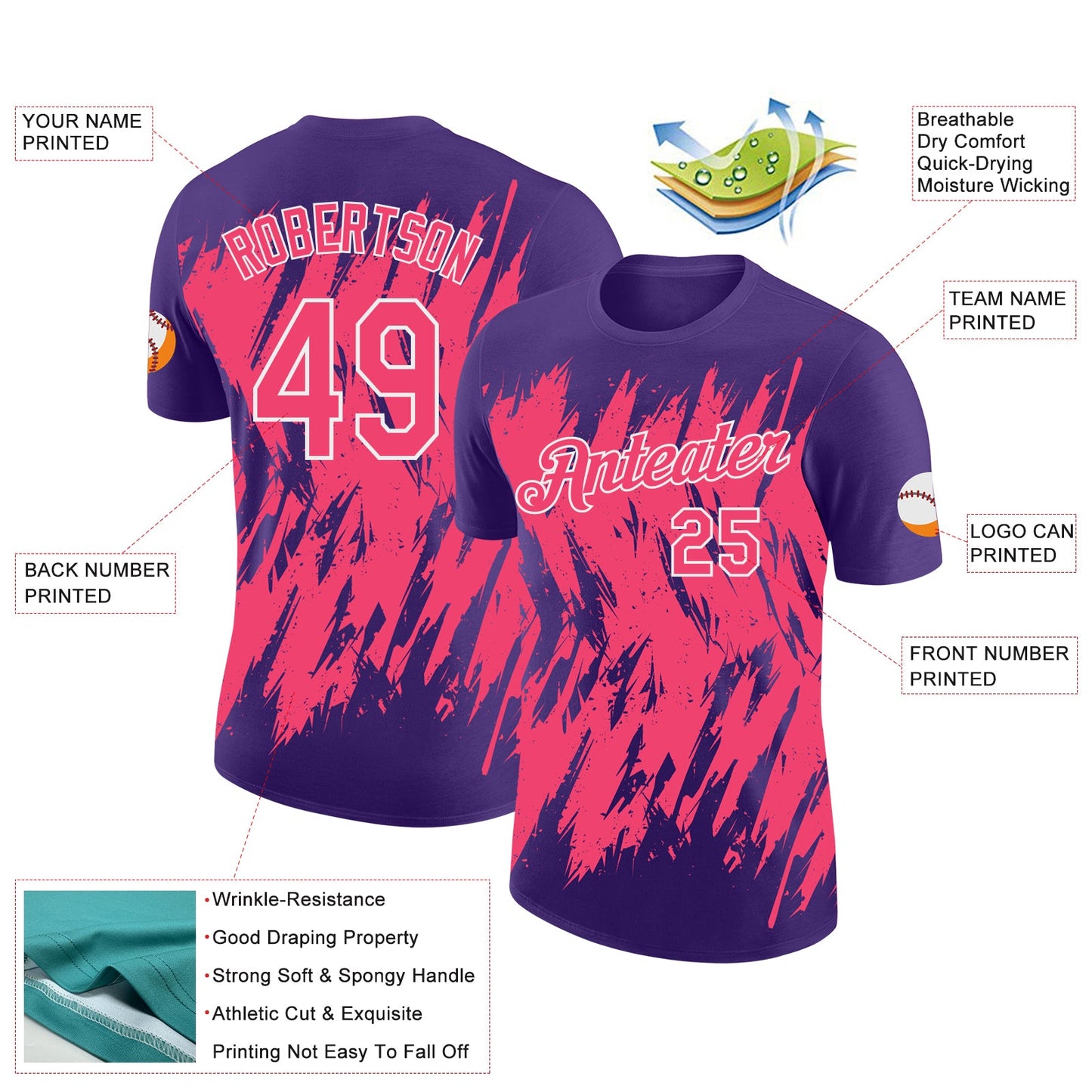 Custom Purple Neon Pink-White Torn Sharp Brush Stroke Splatter Performance T-Shirt view 2