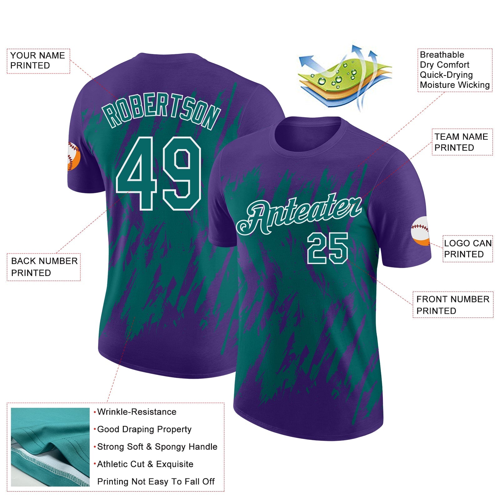 Custom Purple Teal-White Torn Sharp Brush Stroke Splatter Performance T-Shirt view 2