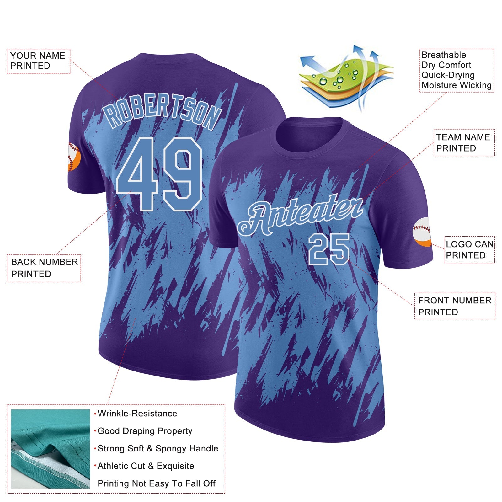 Custom Purple Light Blue-White Torn Sharp Brush Stroke Splatter Performance T-Shirt view 2