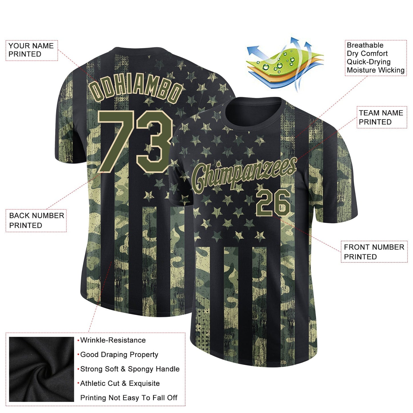 Custom Camo Olive-Cream 3D American Flag Fashion Performance Salute To Service T-Shirt view 2