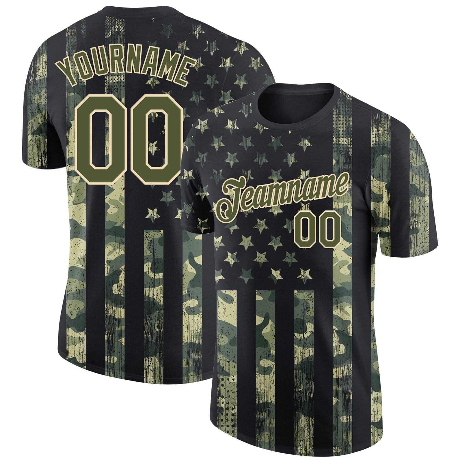 Custom Camo Olive-Cream 3D American Flag Fashion Performance Salute To Service T-Shirt - Main View