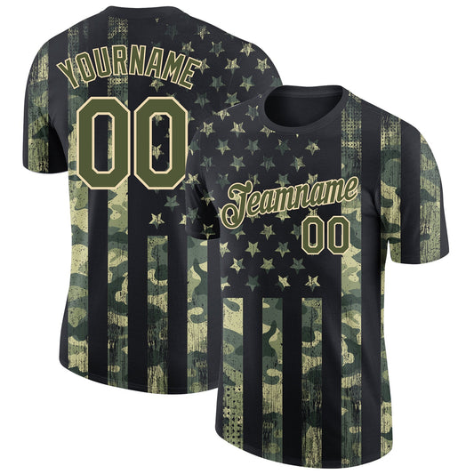 Custom Camo Olive-Cream 3D American Flag Fashion Performance Salute To Service T-Shirt - Main View