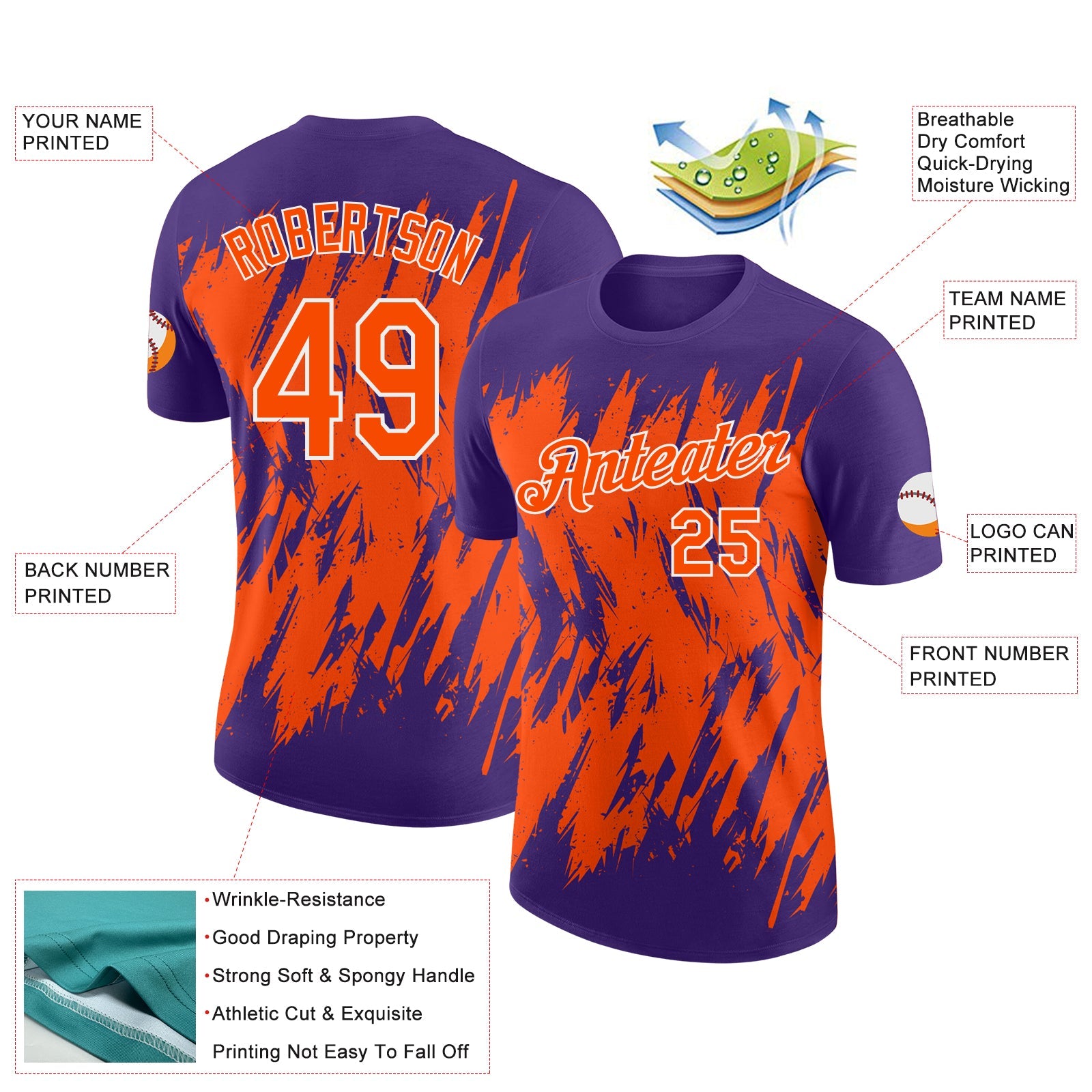 Custom Purple Orange-White Torn Sharp Brush Stroke Splatter Performance T-Shirt view 2
